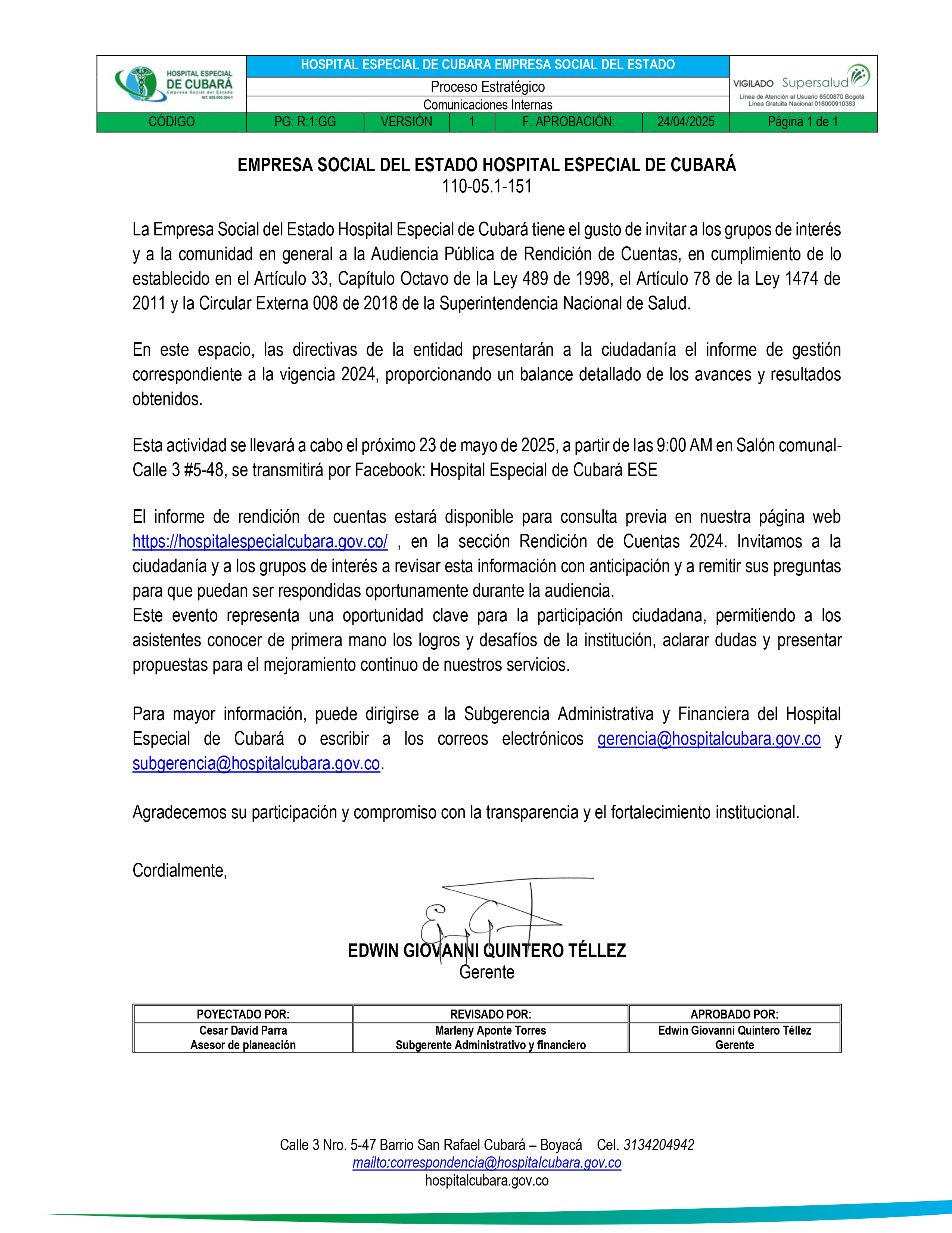 CONVOCATORIA AUDIENCIA PÚBLICA RENDICIÓN DE CUENTAS