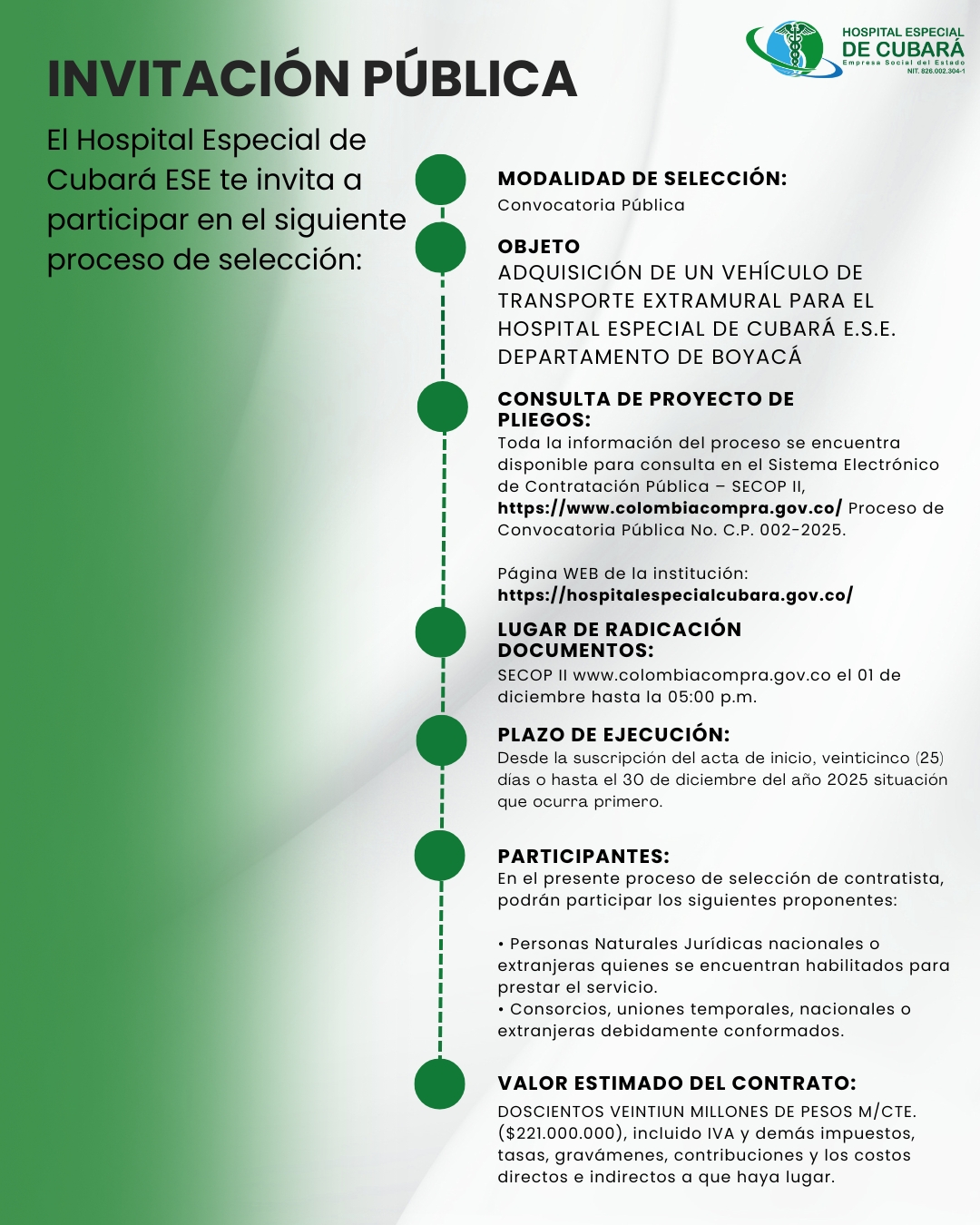 Convocatoria Pública: El Hospital Especial de Cubará ESE te invita a participar en el siguiente proceso de selección