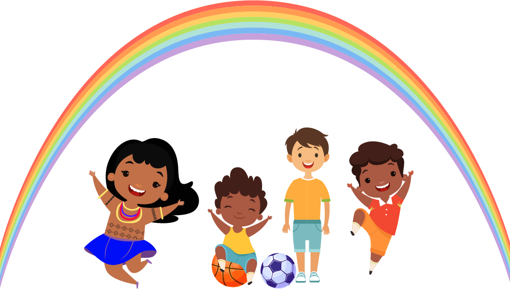 Niños y niñas bajo un arcoíris